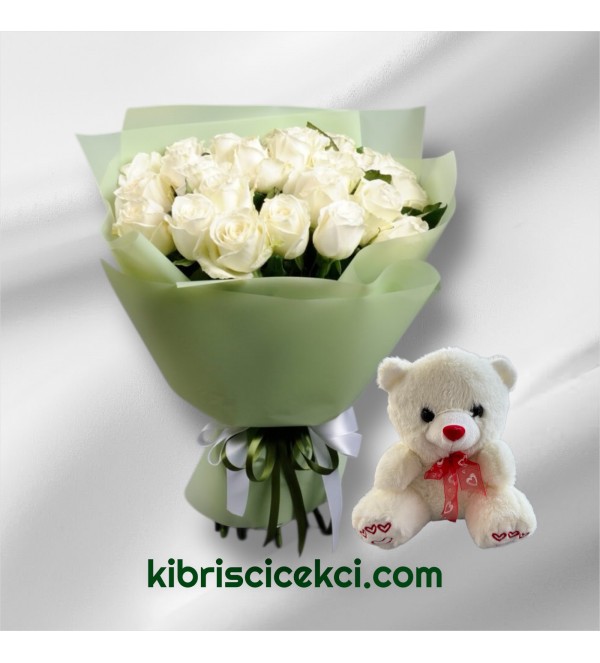 25 Beyaz Gül Buketi Ayıcık